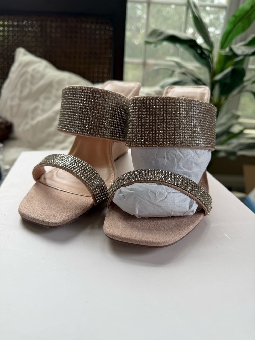 Rhinestone-Embellished Nude Block Heel Sandals